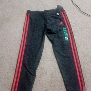 Charcoal Adidas leggings with hot pink stripes